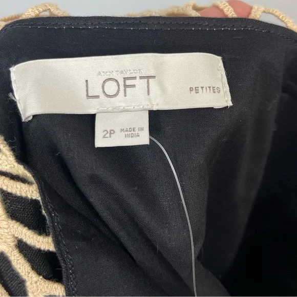 NWT LOFT Black Linen Shift Mini Dress Beige Crochet Lace Floral Neck Color Block - Picture 6 of 13